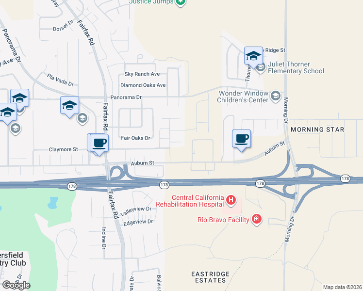 map of restaurants, bars, coffee shops, grocery stores, and more near 6217 Sealark Court in Bakersfield