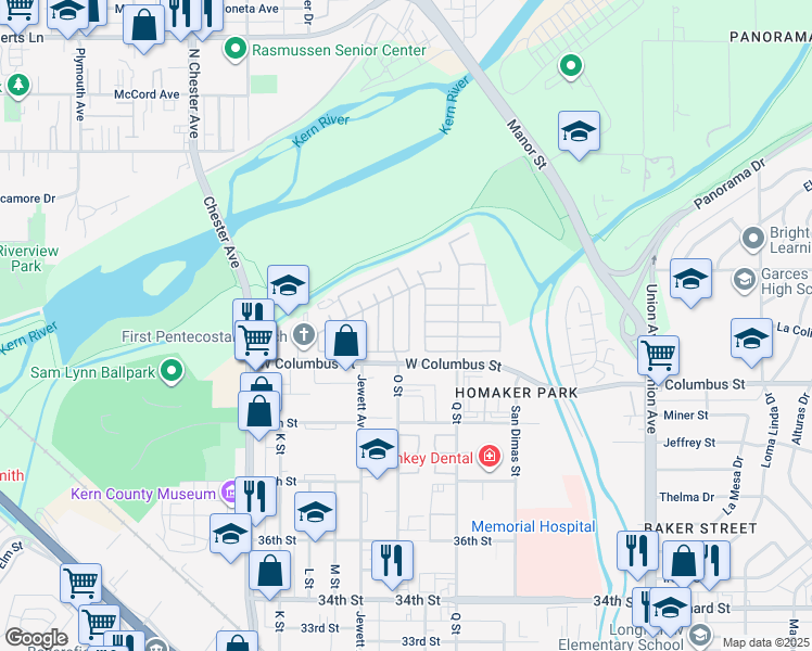 map of restaurants, bars, coffee shops, grocery stores, and more near 4401 King Arthur Court in Bakersfield