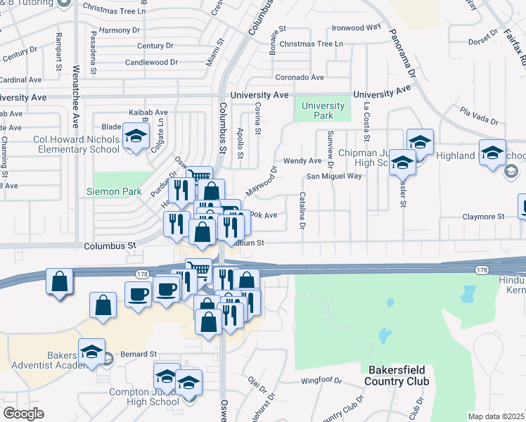 map of restaurants, bars, coffee shops, grocery stores, and more near 4104 Glenbrook Avenue in Bakersfield