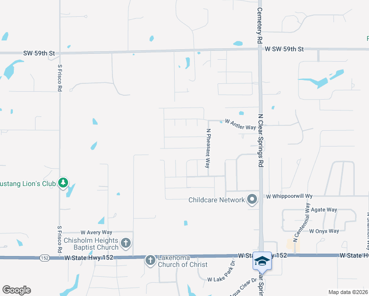map of restaurants, bars, coffee shops, grocery stores, and more near Autumn Way in Mustang