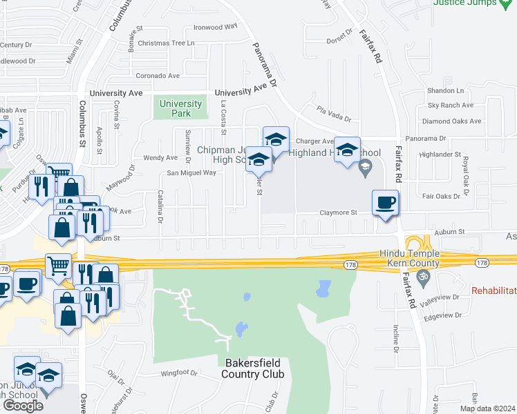 map of restaurants, bars, coffee shops, grocery stores, and more near 2801-2873 Eissler St in Bakersfield