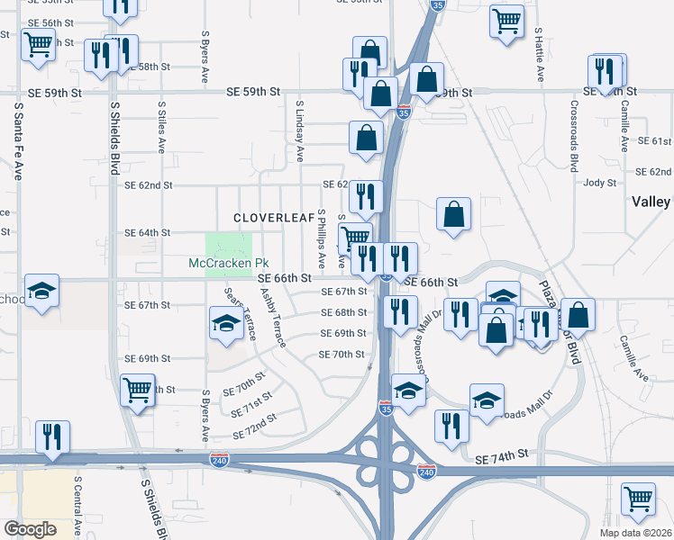 map of restaurants, bars, coffee shops, grocery stores, and more near 6520 South Kelley Avenue in Oklahoma City
