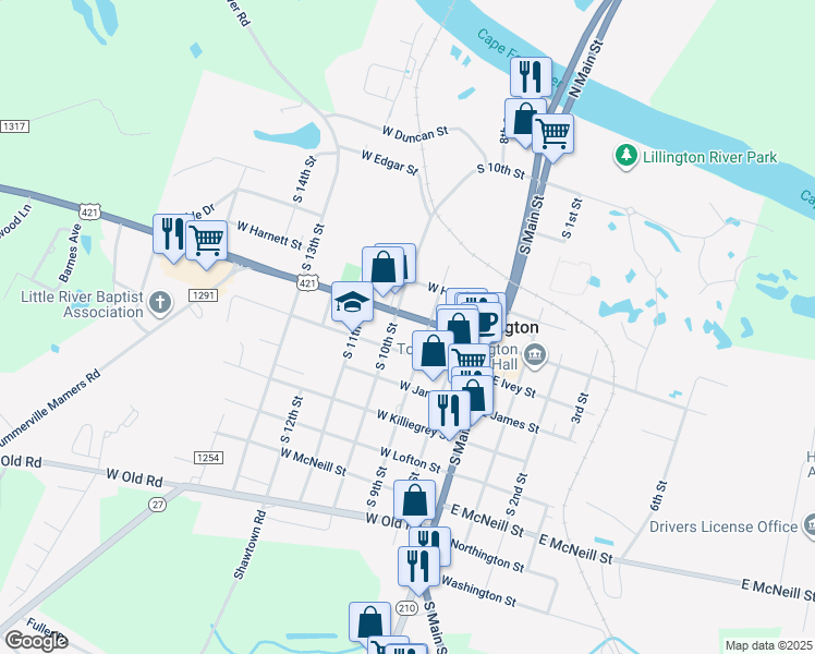 map of restaurants, bars, coffee shops, grocery stores, and more near 207 West Front Street in Lillington