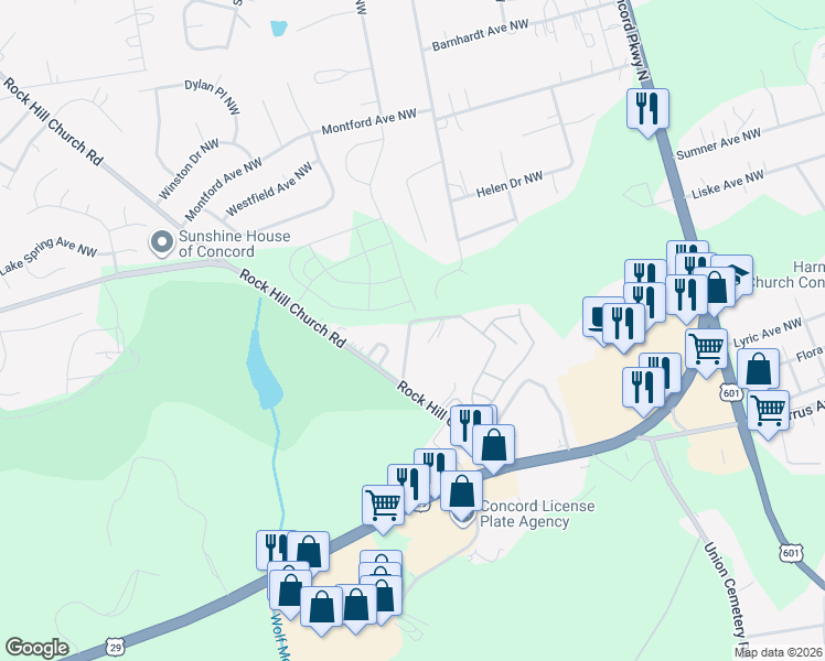 map of restaurants, bars, coffee shops, grocery stores, and more near 1210 Cavalier Court Northwest in Concord