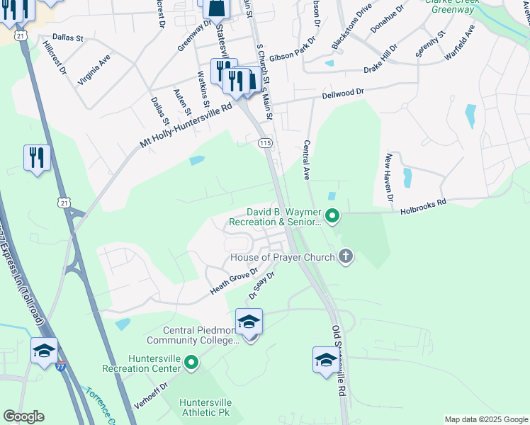 map of restaurants, bars, coffee shops, grocery stores, and more near 13618 Aldenbrook Drive in Huntersville
