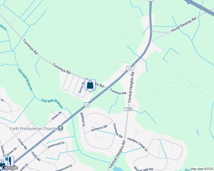 map of restaurants, bars, coffee shops, grocery stores, and more near 2325 U.S. 13 in Goldsboro
