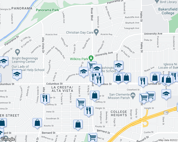 map of restaurants, bars, coffee shops, grocery stores, and more near 2809 Hawthorne Avenue in Bakersfield
