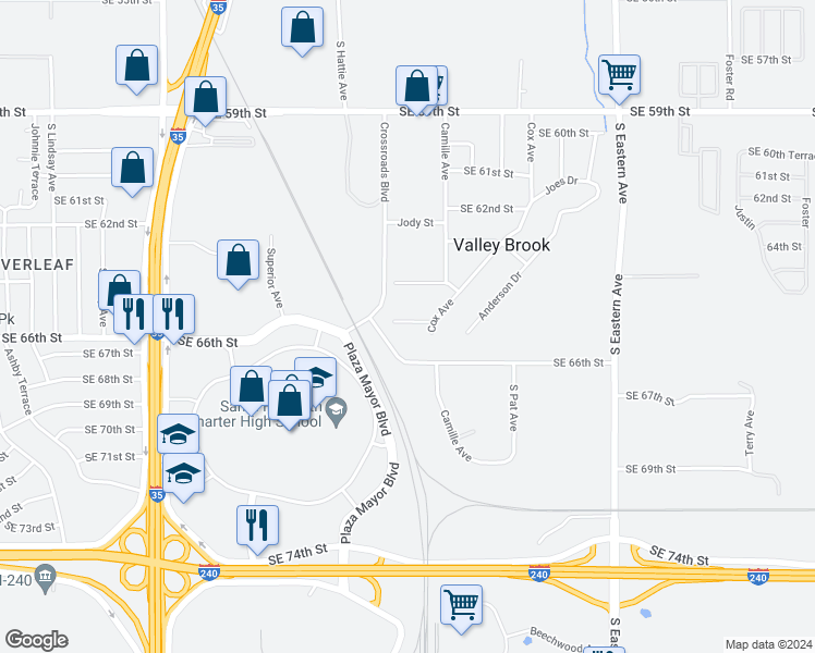 map of restaurants, bars, coffee shops, grocery stores, and more near 1508 Southeast 65th Street in Oklahoma City