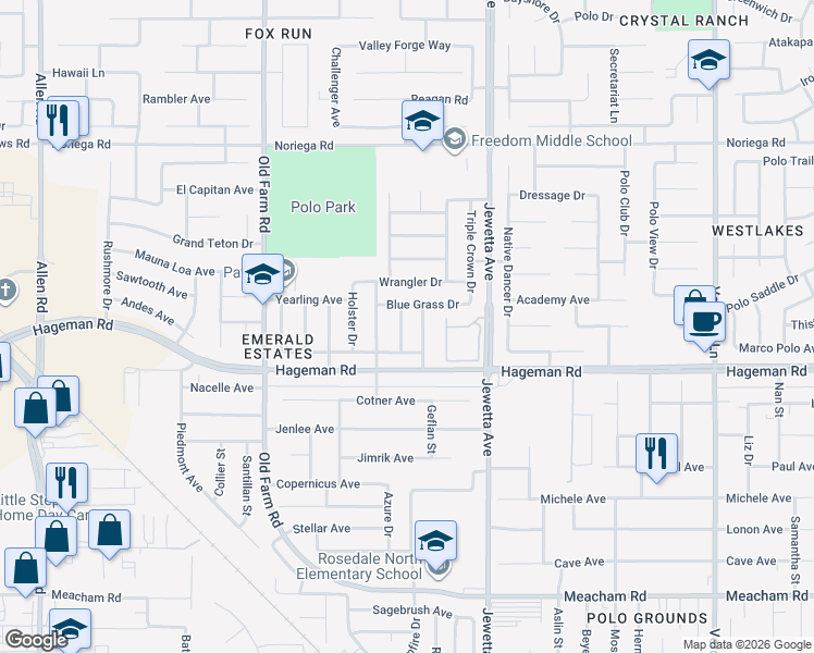 map of restaurants, bars, coffee shops, grocery stores, and more near 4322 Stride Way in Bakersfield