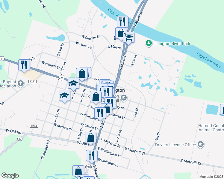 map of restaurants, bars, coffee shops, grocery stores, and more near 708 South Main Street in Lillington