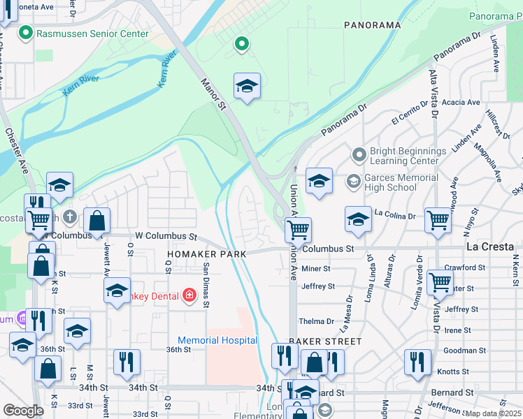 map of restaurants, bars, coffee shops, grocery stores, and more near 4413 Tierra Verde Street in Bakersfield