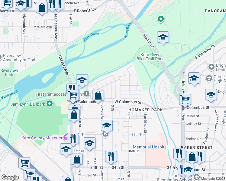 map of restaurants, bars, coffee shops, grocery stores, and more near 4401 King Arthur Court in Bakersfield