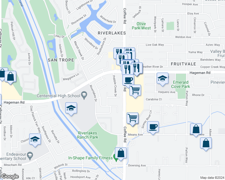 map of restaurants, bars, coffee shops, grocery stores, and more near 4405 Pebble Creek Drive in Bakersfield