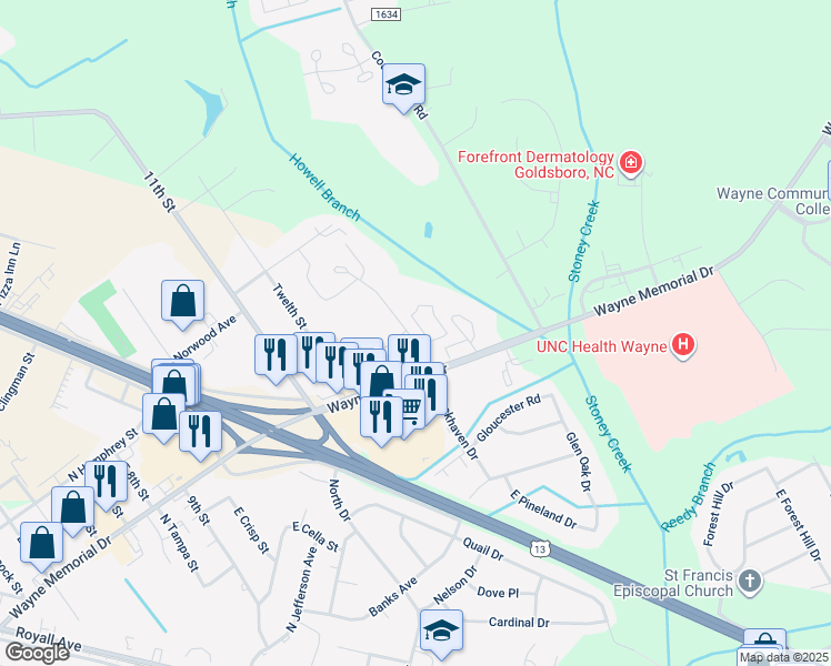 map of restaurants, bars, coffee shops, grocery stores, and more near 103 West Lockhaven Drive in Goldsboro