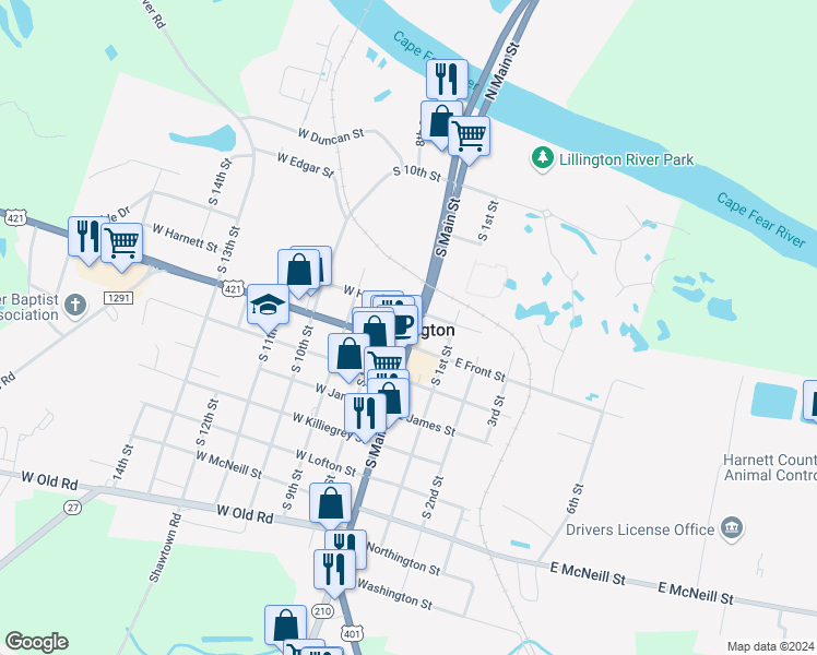 map of restaurants, bars, coffee shops, grocery stores, and more near 708 South Main Street in Lillington