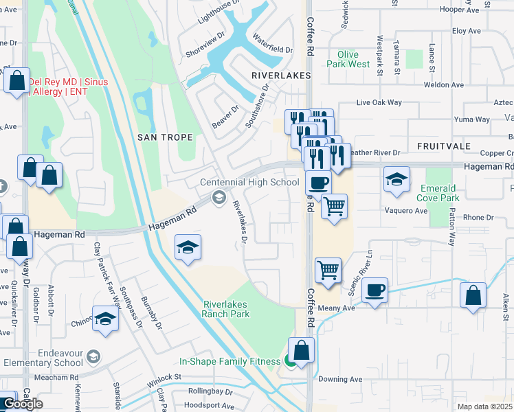 map of restaurants, bars, coffee shops, grocery stores, and more near 8407 Golden Perch Court in Bakersfield