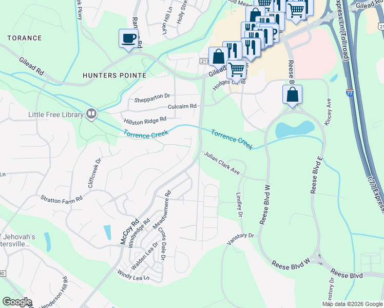 map of restaurants, bars, coffee shops, grocery stores, and more near 9213 Cedar River Road in Huntersville