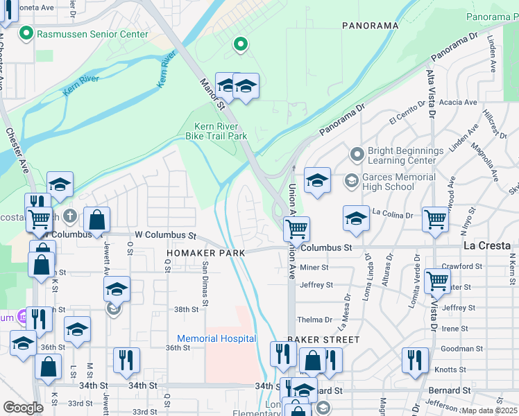 map of restaurants, bars, coffee shops, grocery stores, and more near 4400 Tierra Verde Street in Bakersfield