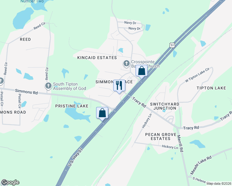 map of restaurants, bars, coffee shops, grocery stores, and more near 42 Switchgrass Cove in Munford