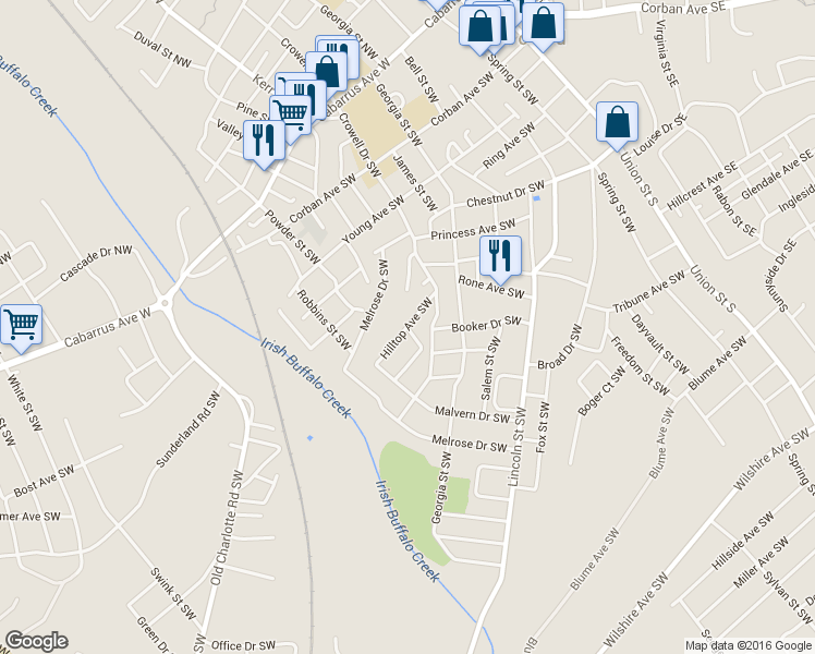map of restaurants, bars, coffee shops, grocery stores, and more near Hilltop Avenue Southwest in Concord