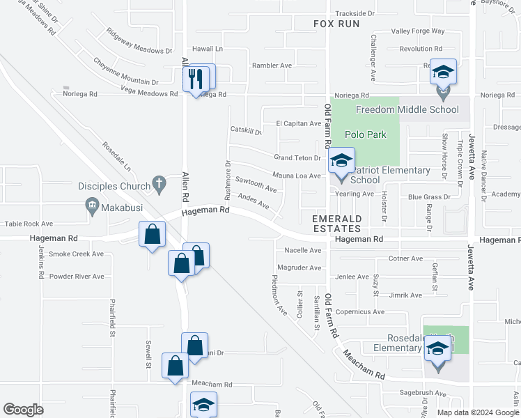 map of restaurants, bars, coffee shops, grocery stores, and more near 12417 Andes Avenue in Bakersfield