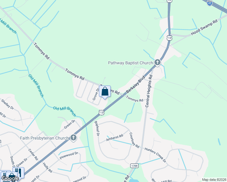 map of restaurants, bars, coffee shops, grocery stores, and more near 2051 Tommys Road in Goldsboro