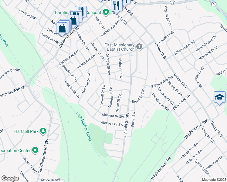 map of restaurants, bars, coffee shops, grocery stores, and more near 185 Rone Avenue Southwest in Concord