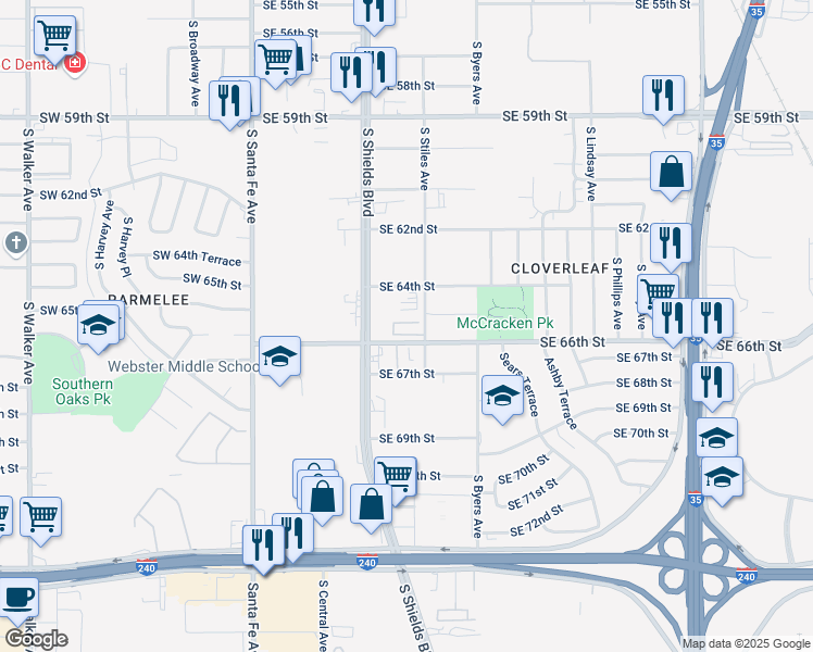 map of restaurants, bars, coffee shops, grocery stores, and more near 6512 South Stiles Avenue in Oklahoma City