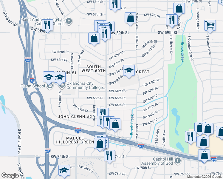 map of restaurants, bars, coffee shops, grocery stores, and more near 2838 Southwest 63rd Street in Oklahoma City