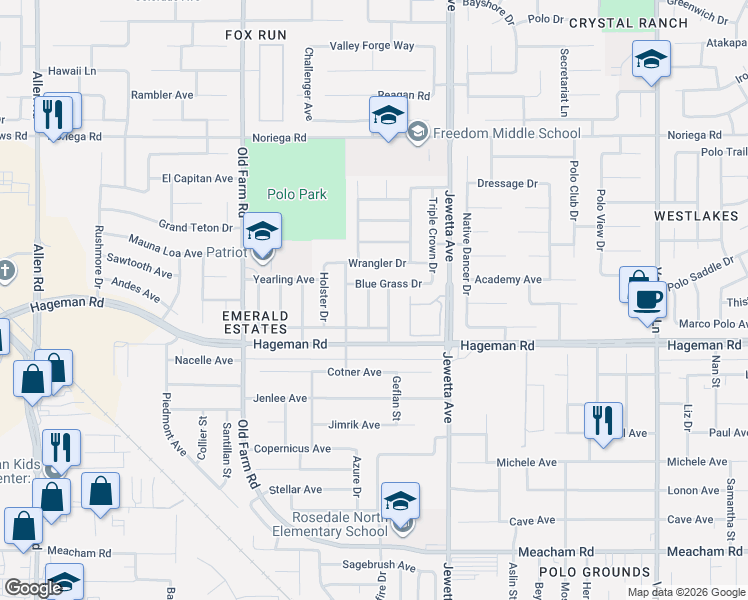 map of restaurants, bars, coffee shops, grocery stores, and more near 4322 Stride Way in Bakersfield