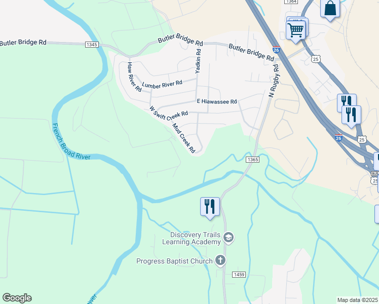 map of restaurants, bars, coffee shops, grocery stores, and more near 130 Mud Creek Road in Fletcher