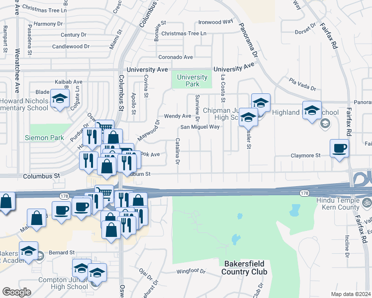 map of restaurants, bars, coffee shops, grocery stores, and more near 2900 Morocco Court in Bakersfield