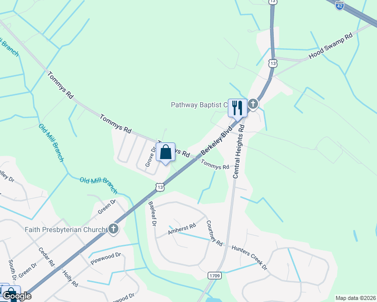 map of restaurants, bars, coffee shops, grocery stores, and more near 2051 Tommys Road in Goldsboro