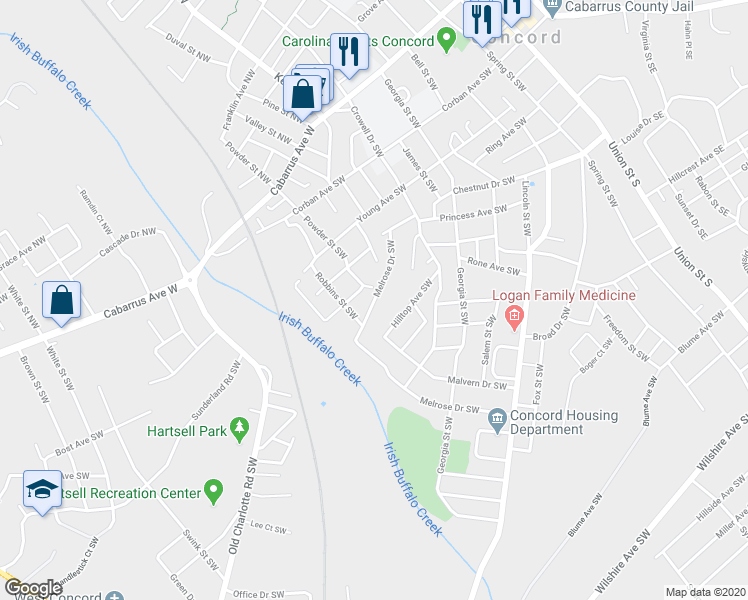 map of restaurants, bars, coffee shops, grocery stores, and more near 187 Melrose Drive Southwest in Concord