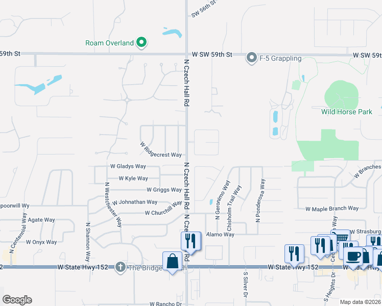 map of restaurants, bars, coffee shops, grocery stores, and more near 912 North Barn Hill Way in Mustang