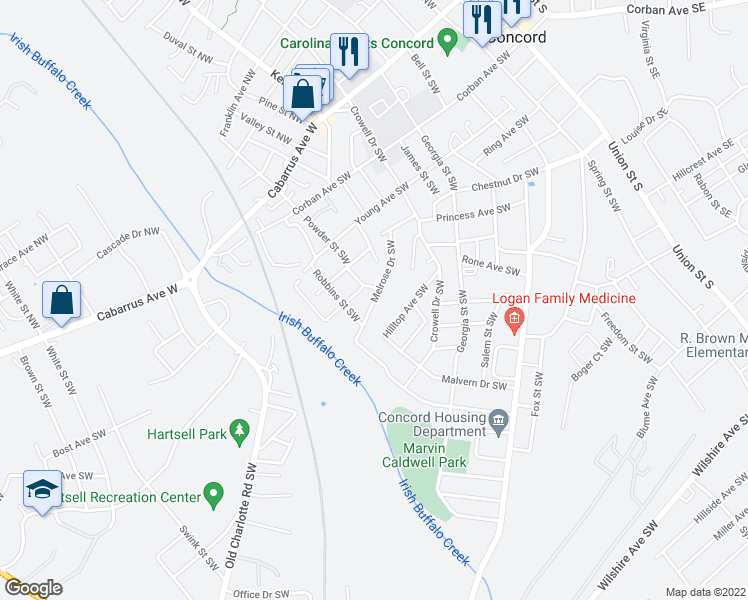 map of restaurants, bars, coffee shops, grocery stores, and more near Melrose Drive Southwest in Concord