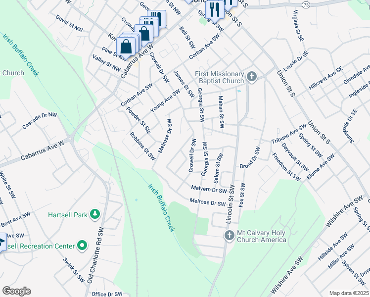 map of restaurants, bars, coffee shops, grocery stores, and more near Hilltop Avenue Southwest in Concord