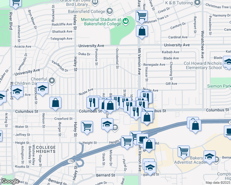 map of restaurants, bars, coffee shops, grocery stores, and more near 2824 Occidental Street in Bakersfield