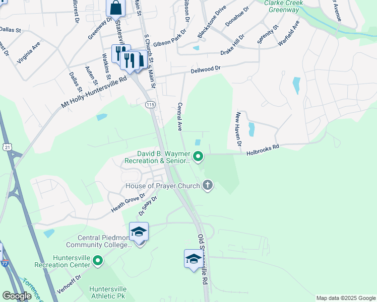 map of restaurants, bars, coffee shops, grocery stores, and more near 13220 Central Avenue in Huntersville