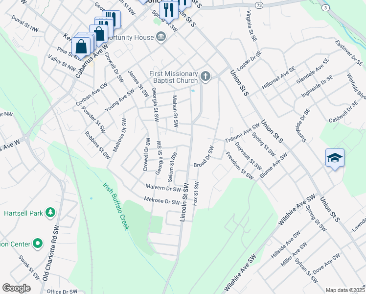 map of restaurants, bars, coffee shops, grocery stores, and more near 151 Rone Avenue Southwest in Concord