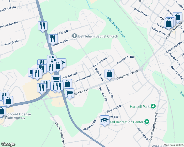 map of restaurants, bars, coffee shops, grocery stores, and more near 62 Eden Street Northwest in Concord