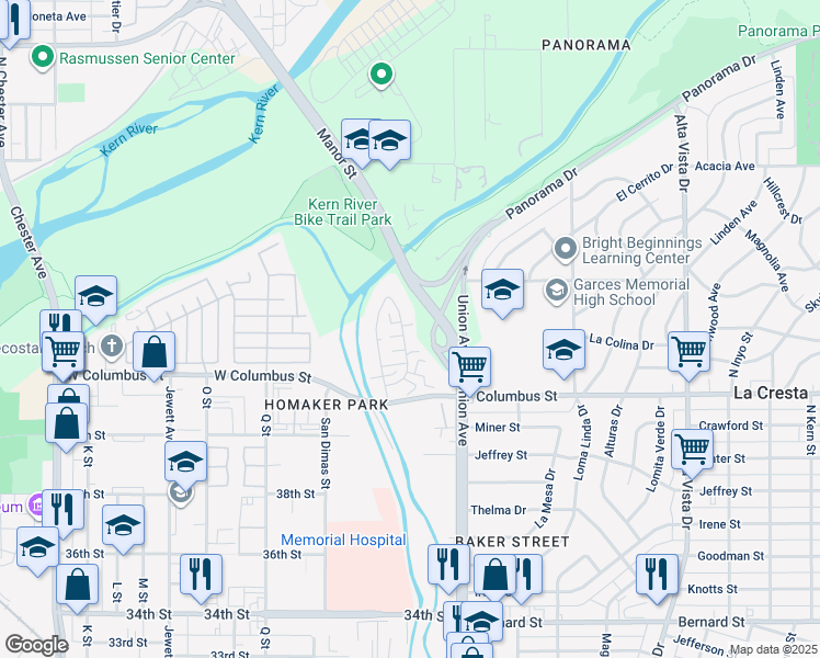 map of restaurants, bars, coffee shops, grocery stores, and more near 4404 Tierra Verde Street in Bakersfield