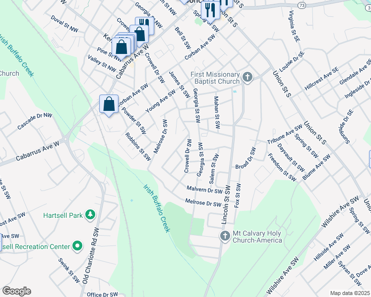map of restaurants, bars, coffee shops, grocery stores, and more near Crowell Drive Southwest in Concord