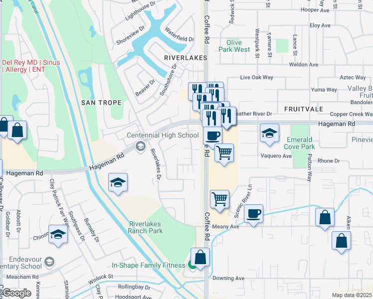 map of restaurants, bars, coffee shops, grocery stores, and more near 4405 Pebble Creek Drive in Bakersfield