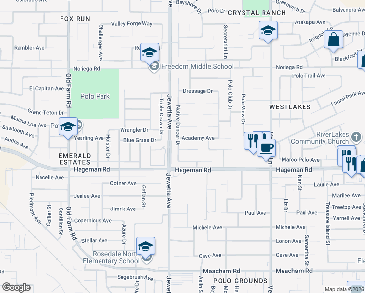 map of restaurants, bars, coffee shops, grocery stores, and more near 11123 Academy Avenue in Bakersfield