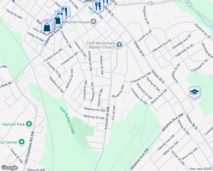 map of restaurants, bars, coffee shops, grocery stores, and more near 151 Rone Avenue Southwest in Concord