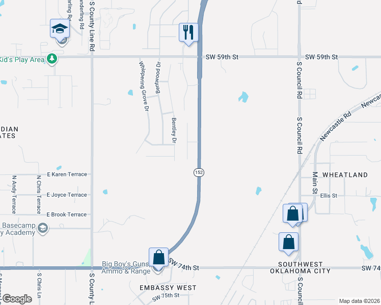 map of restaurants, bars, coffee shops, grocery stores, and more near 6529 Bent Wood Villas Drive in Oklahoma City