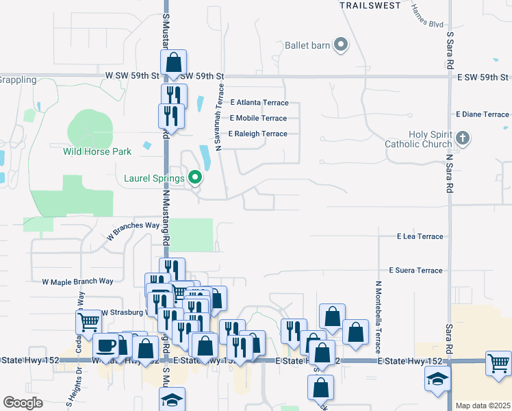 map of restaurants, bars, coffee shops, grocery stores, and more near 317 East Twelve oaks Terrace in Mustang