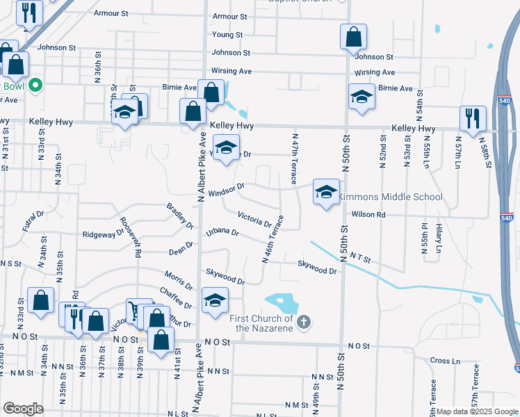 map of restaurants, bars, coffee shops, grocery stores, and more near 4409 Wynnewood Drive in Fort Smith