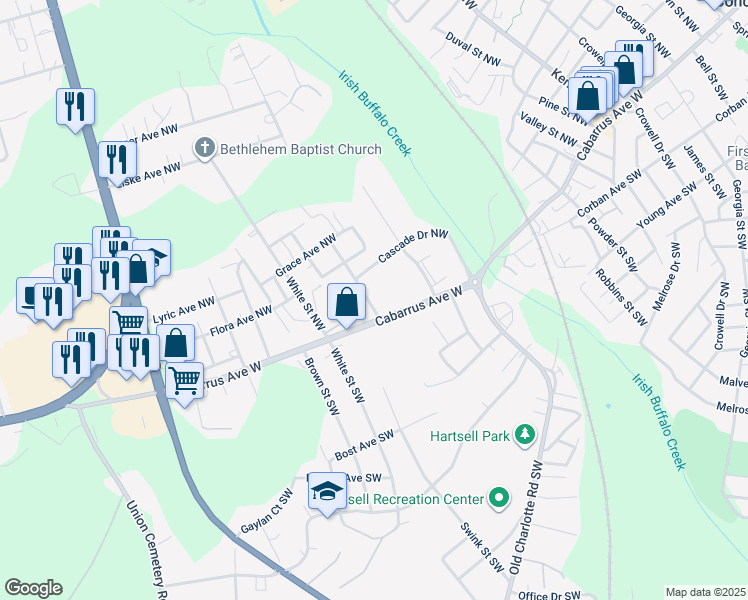 map of restaurants, bars, coffee shops, grocery stores, and more near 204 Andrews Street Northwest in Concord